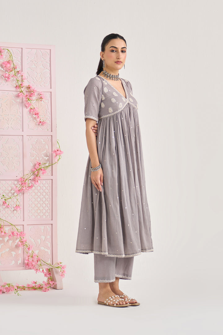 Chikankari summer 26" Grey Chikankari vneck gathered kurta with palazzo and dupatta ( set of 3)