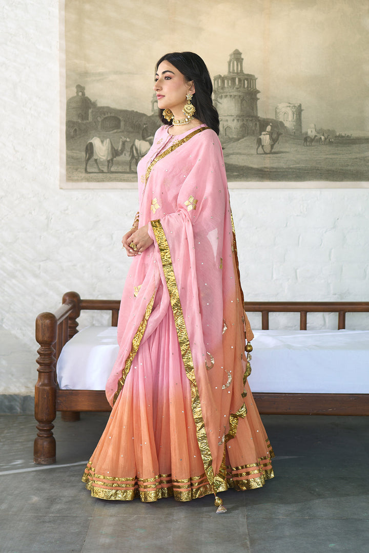 Ombre gota pink to orange embroidered short kurti with ombre skirt and dupatta ( set of 3 ) RTS