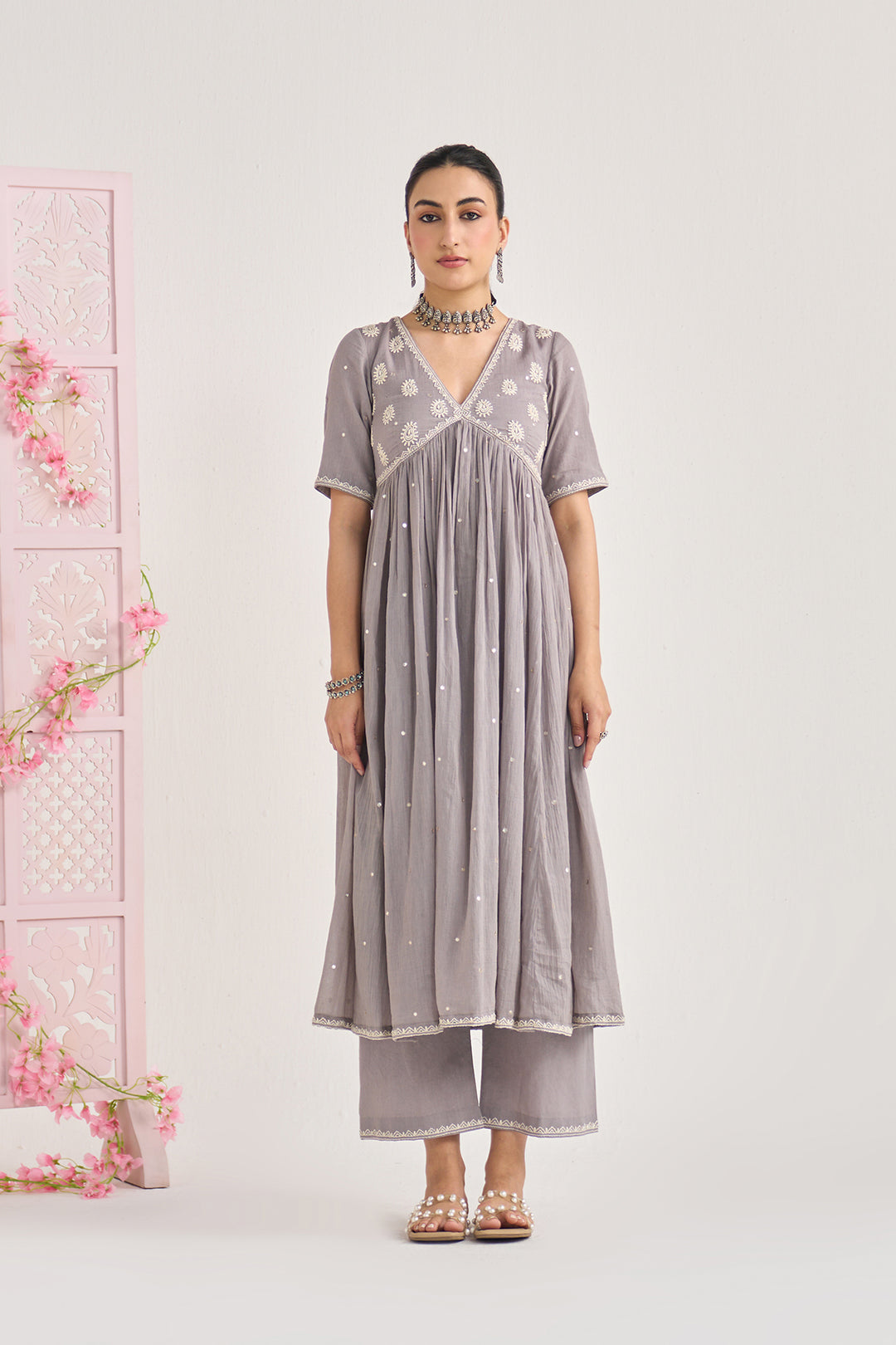 Chikankari summer 26" Grey Chikankari vneck gathered kurta with palazzo and dupatta ( set of 3)