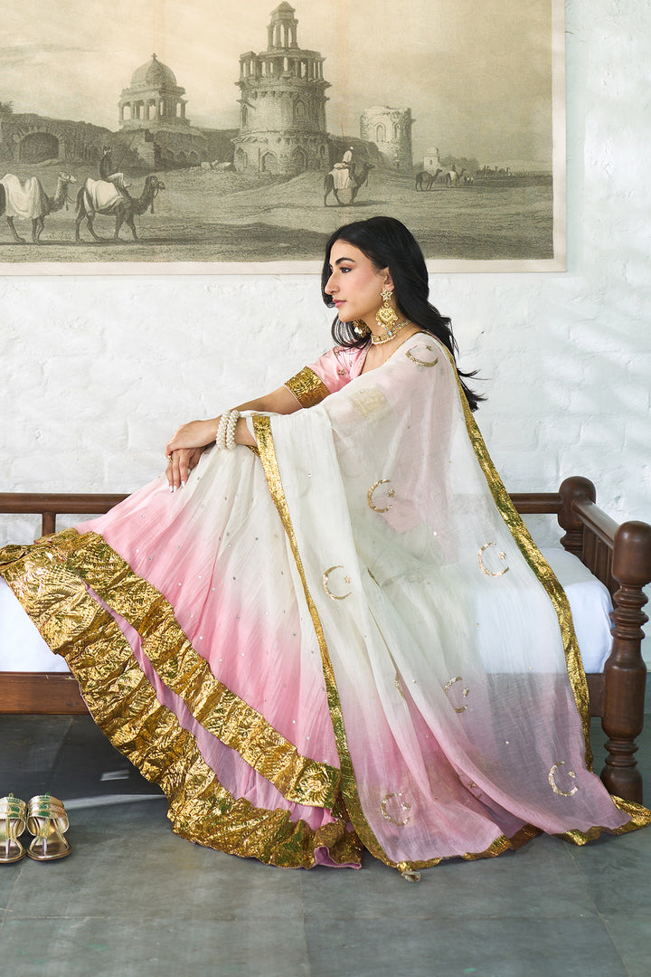 Ombre gota pink Double layer ombre lehenga with long blouse and dupatta ( set of 3 )