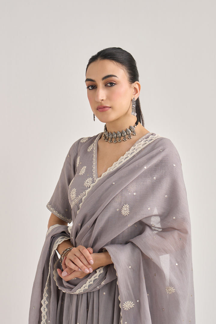 Chikankari summer 26" Grey Chikankari vneck gathered kurta with palazzo and dupatta ( set of 3)