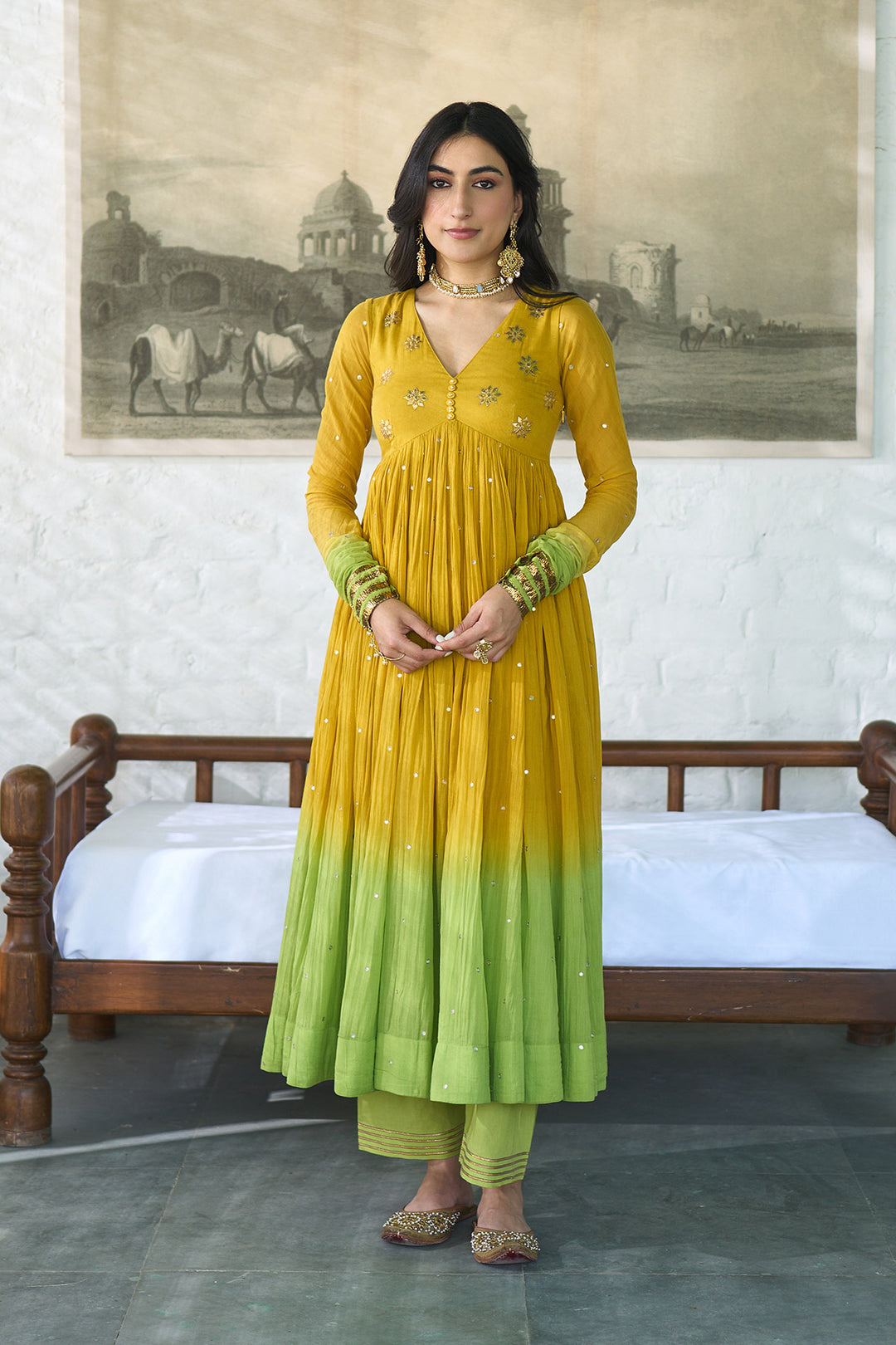 Ombre gota mustard to green  v- neck gota patti embroidered anarkali with palazzo and dupatta ( set  of 3 )