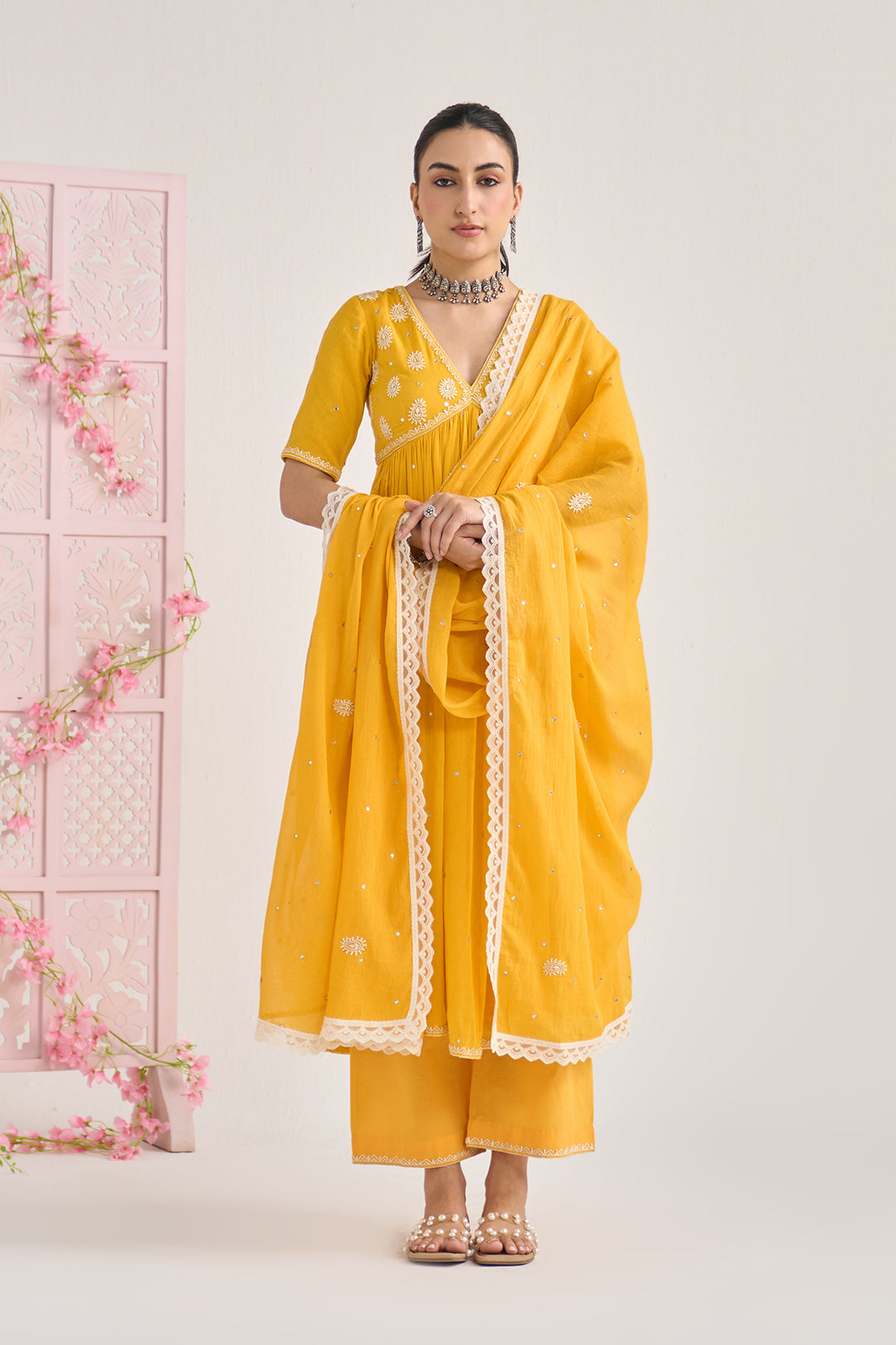Chikankari summer 26" Mustard Chikankari v neck gathered kurta with palazzo and dupatta ( set of 3)