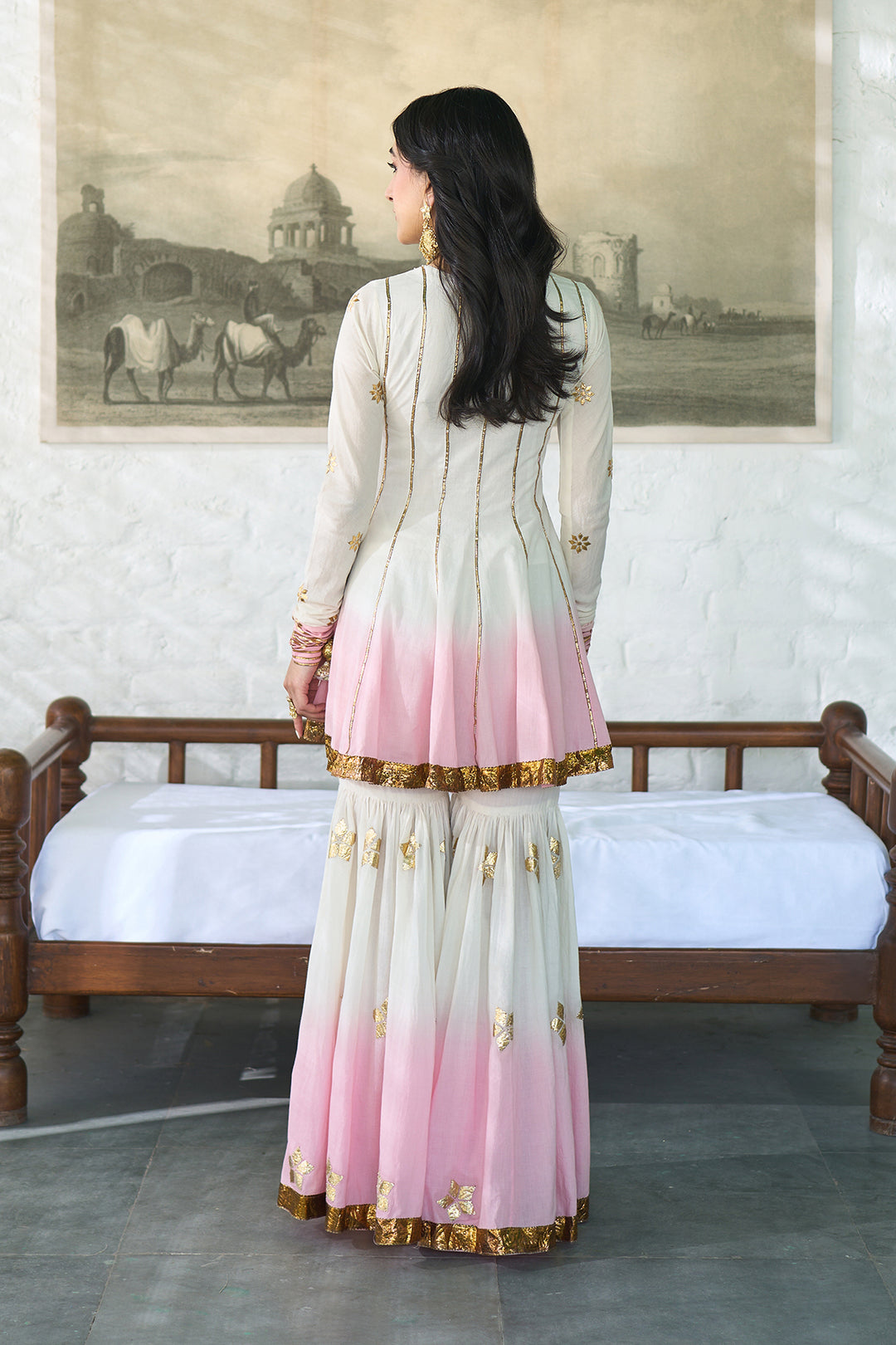 Ombre gota pink patti embroidered gharara set ( set of 3 )