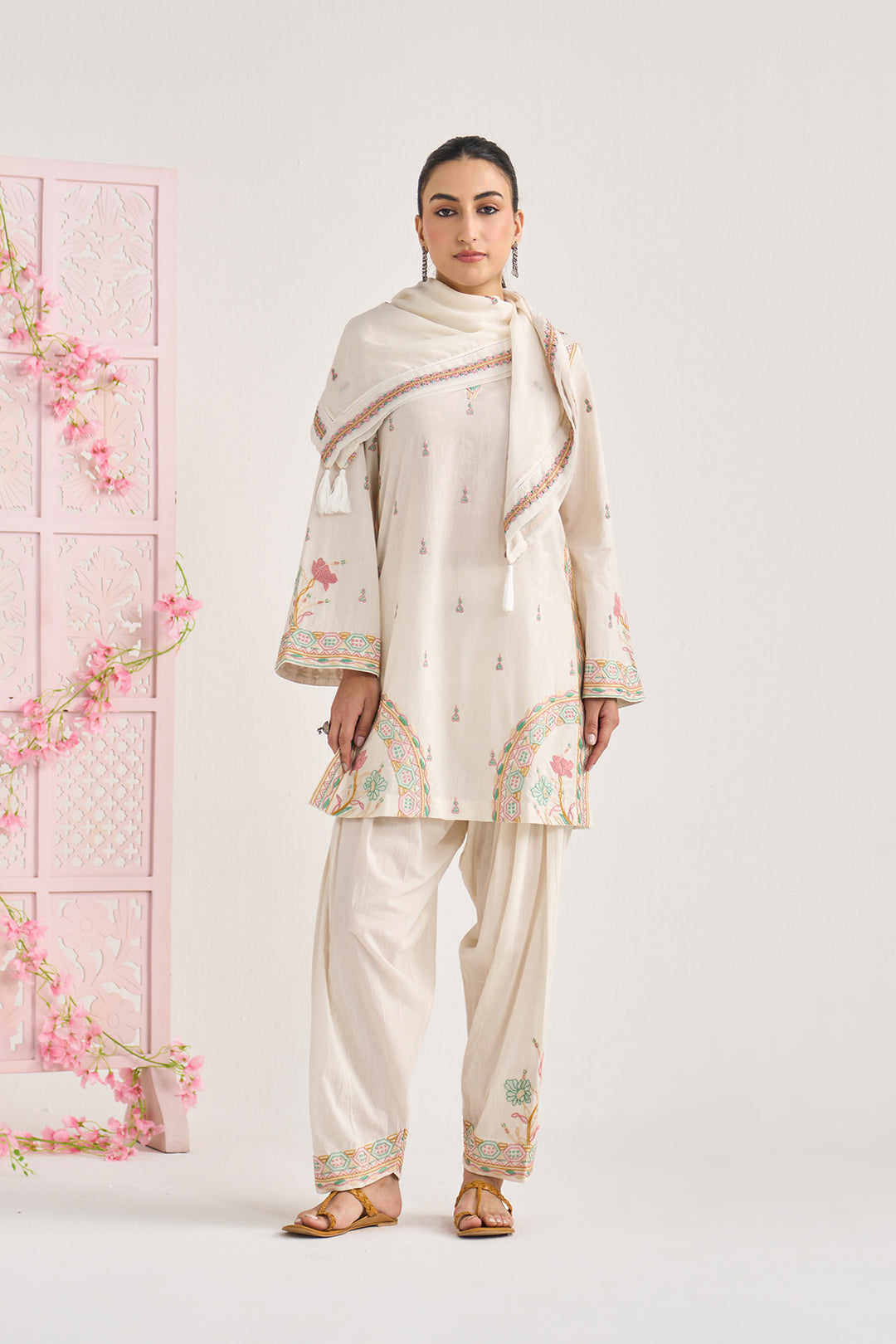 Chikankari summer 26" kora Straight cut kurta with salwar and scarf ( set of 3)