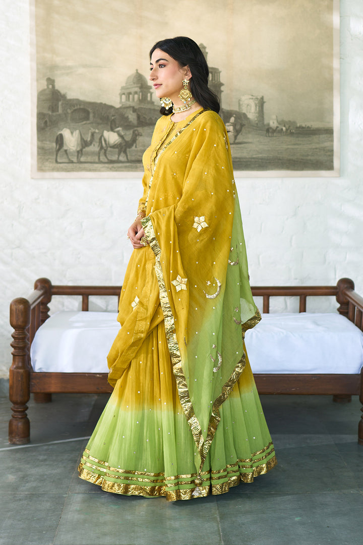 Ombre gota mustard to green embroidered short kurti with ombre skirt and dupatta ( set of 3 ) RTS