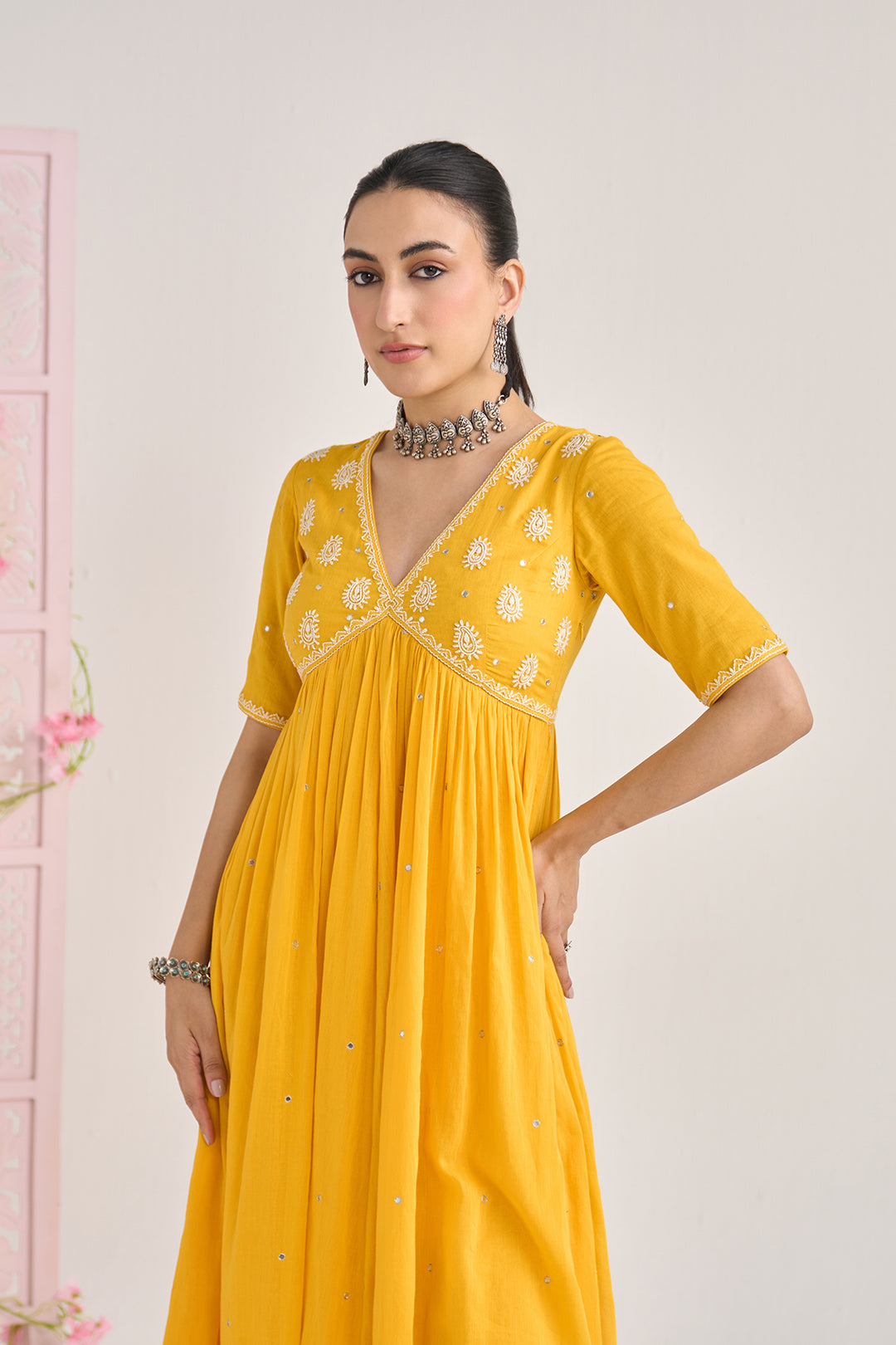 Chikankari summer 26" Mustard Chikankari v neck gathered kurta with palazzo and dupatta ( set of 3)