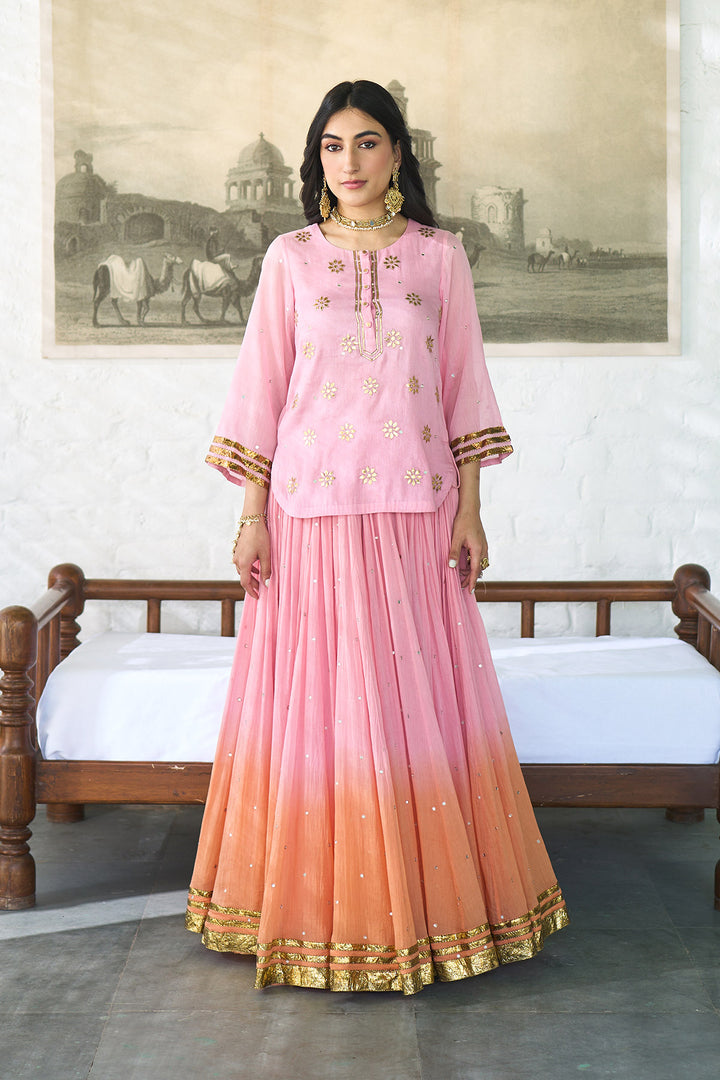 Ombre gota pink to orange embroidered short kurti with ombre skirt and dupatta ( set of 3 ) RTS