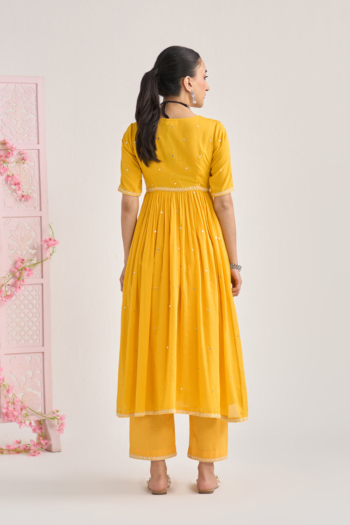 Chikankari summer 26" Mustard Chikankari v neck gathered kurta with palazzo and dupatta ( set of 3)