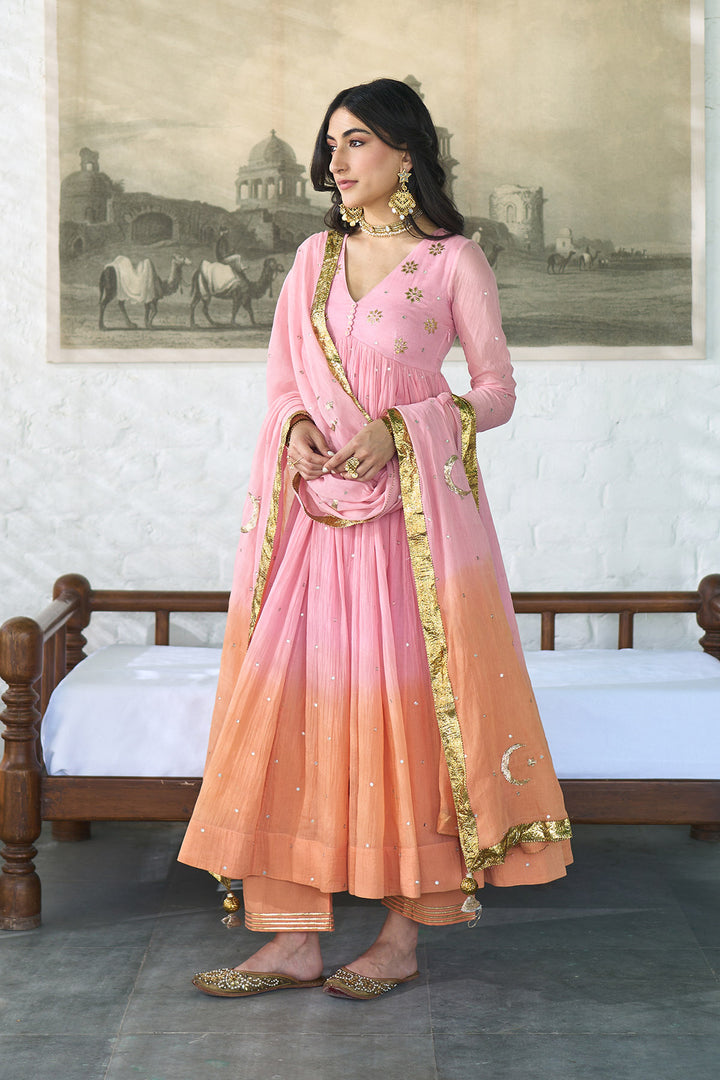 Ombre gota pink to orange v- neck gota patti embroidered anarkali with palazzo and dupatta ( set  of 3 ) RTS