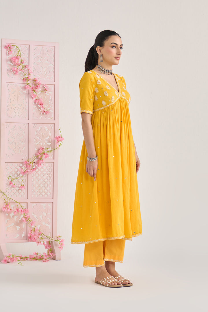 Chikankari summer 26" Mustard Chikankari v neck gathered kurta with palazzo and dupatta ( set of 3)