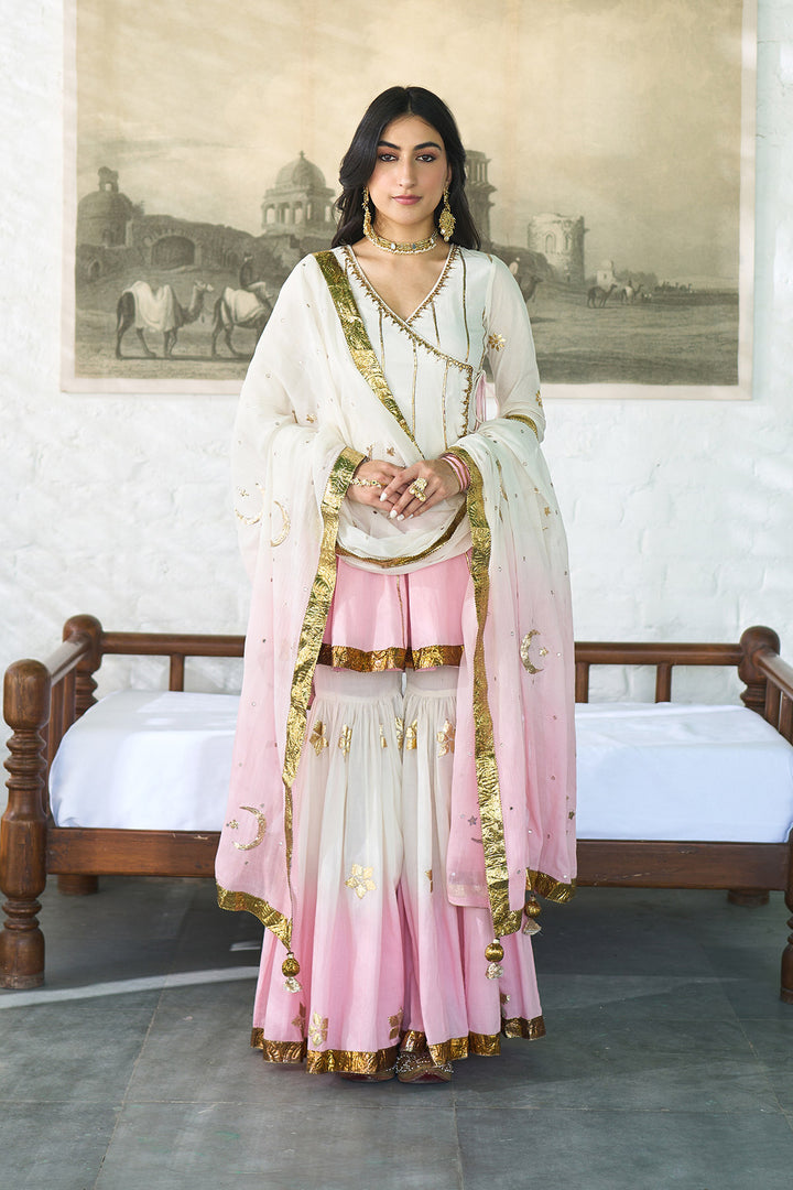 Ombre gota pink patti embroidered gharara set ( set of 3 )