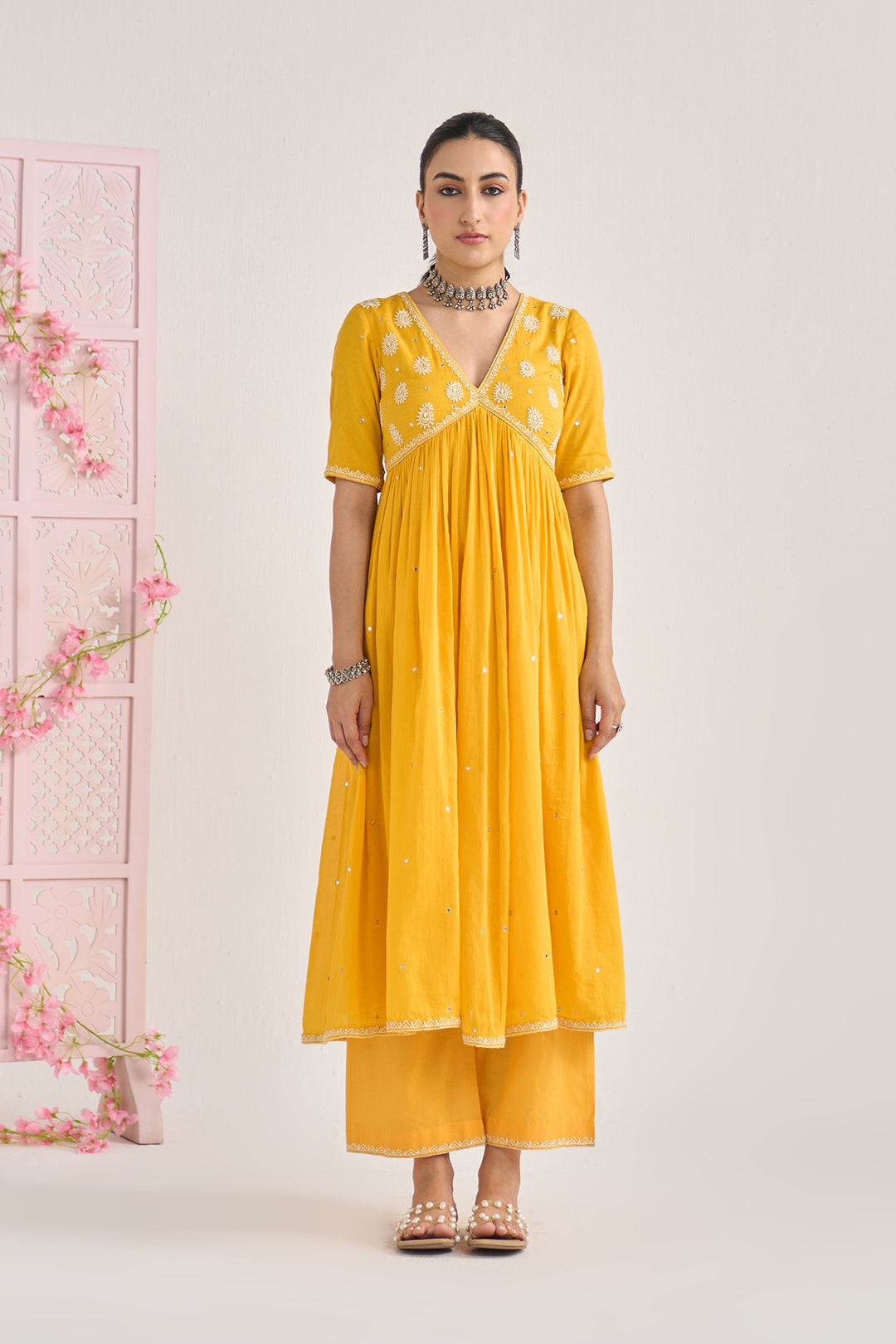 Chikankari summer 26" Mustard Chikankari v neck gathered kurta with palazzo and dupatta ( set of 3)
