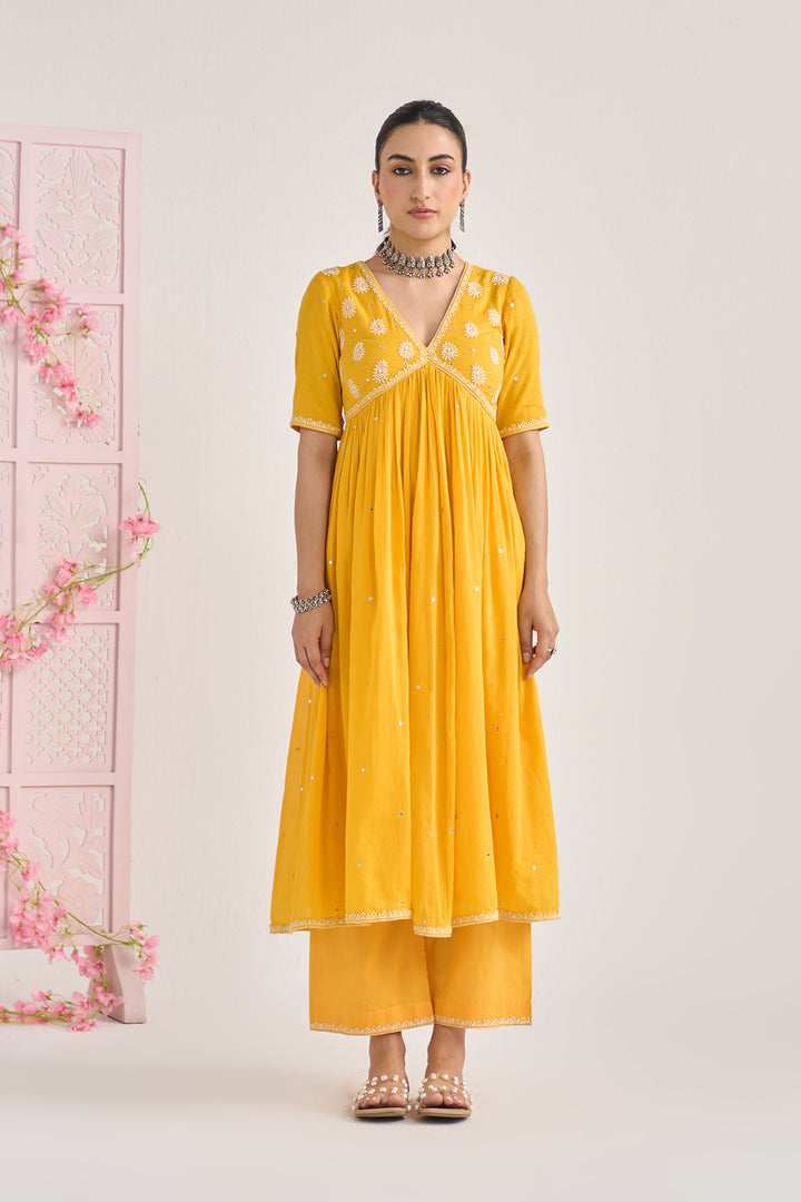 Chikankari summer 26" Mustard Chikankari v neck gathered kurta with palazzo and dupatta ( set of 3)