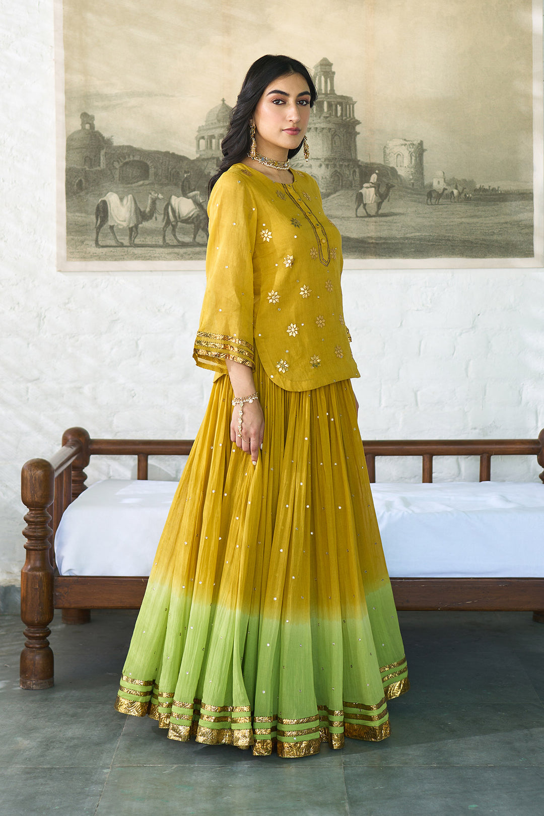 Ombre gota mustard to green embroidered short kurti with ombre skirt and dupatta ( set of 3 ) RTS