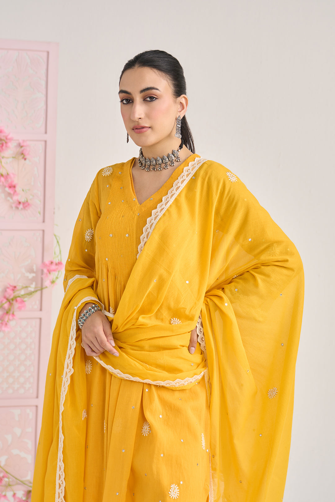 Chikankari summer 26" Mustard lace detailed chikankari pintuck kurta with palazzo and dupatta (set of 3)