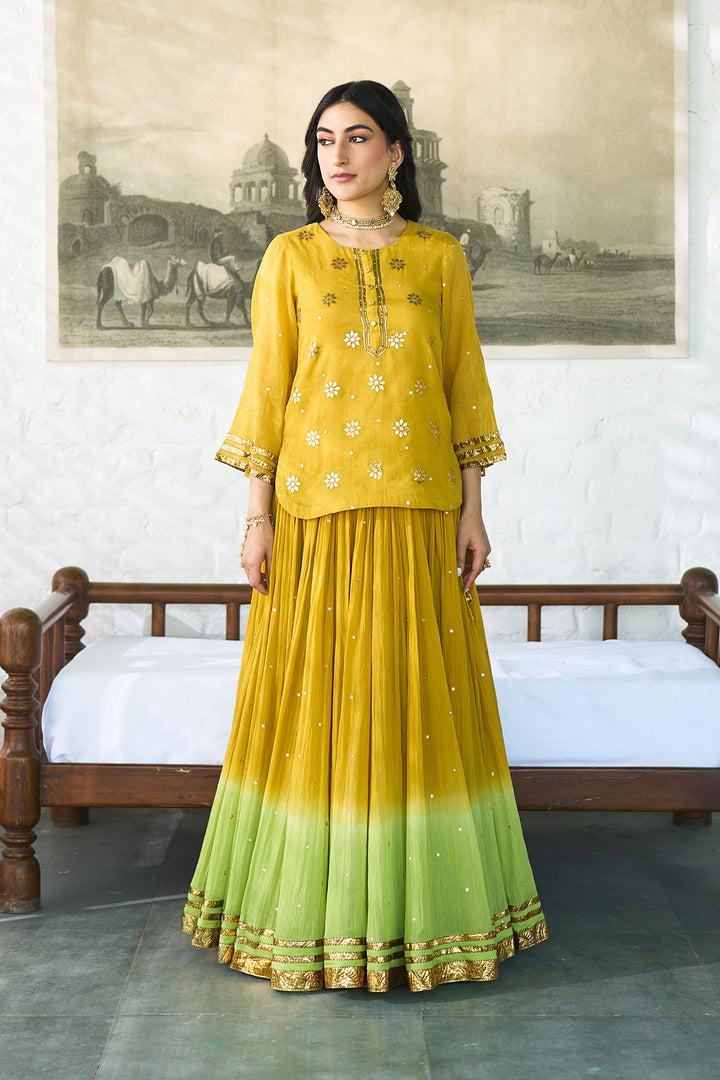 Ombre gota mustard to green embroidered short kurti with ombre skirt and dupatta ( set of 3 ) RTS