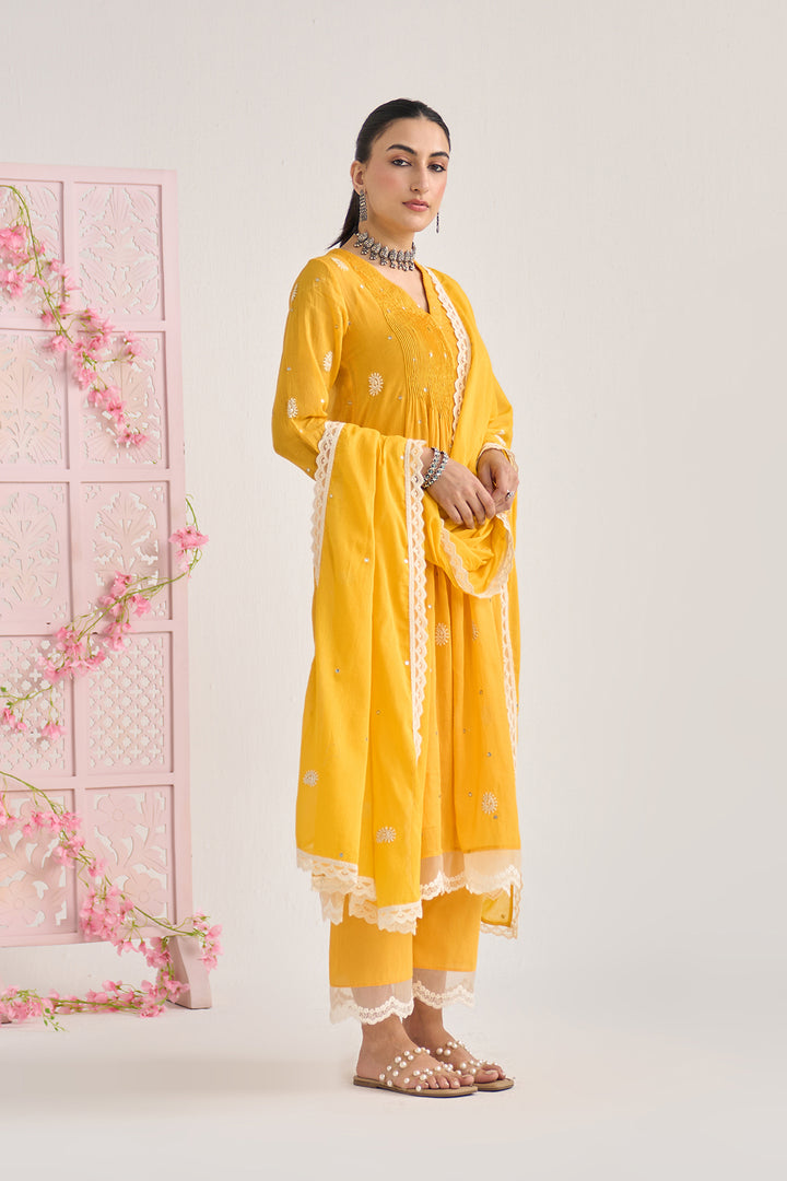 Chikankari summer 26" Mustard lace detailed chikankari pintuck kurta with palazzo and dupatta (set of 3)