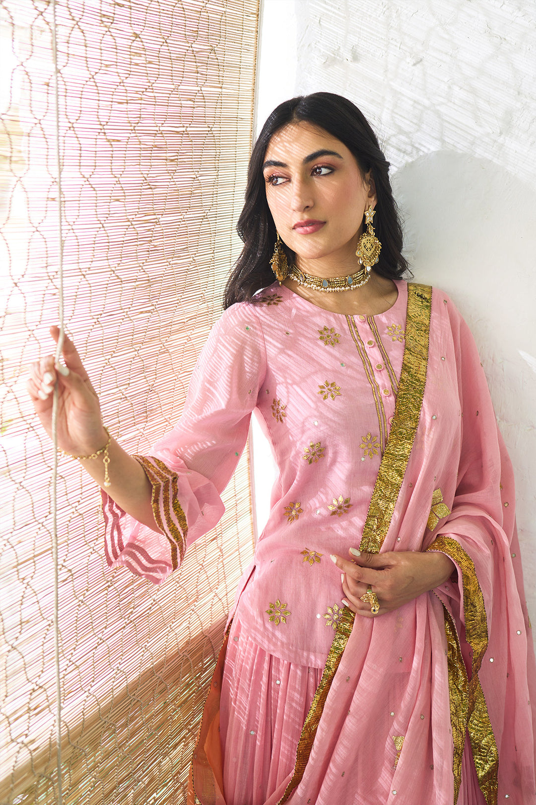 Ombre gota pink to orange embroidered short kurti with ombre skirt and dupatta ( set of 3 ) RTS