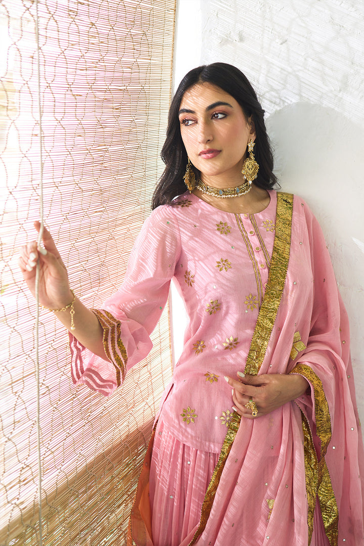 Ombre gota pink to orange embroidered short kurti with ombre skirt and dupatta ( set of 3 ) RTS