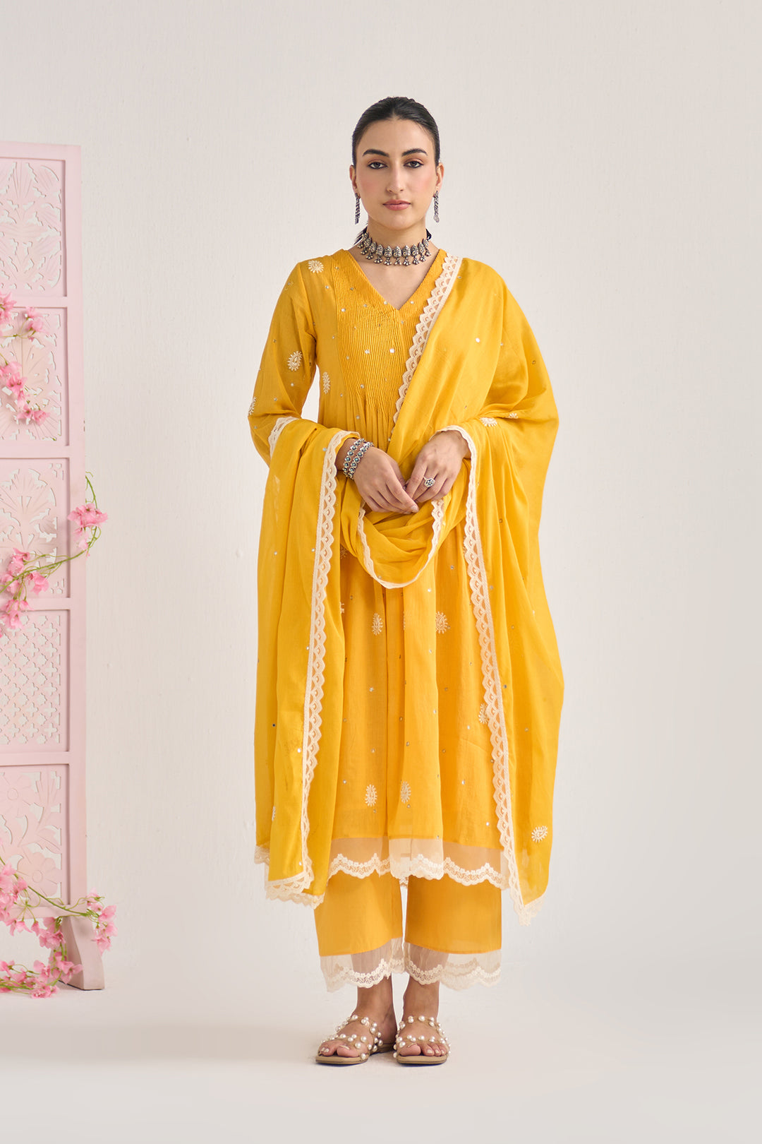 Chikankari summer 26" Mustard lace detailed chikankari pintuck kurta with palazzo and dupatta (set of 3)
