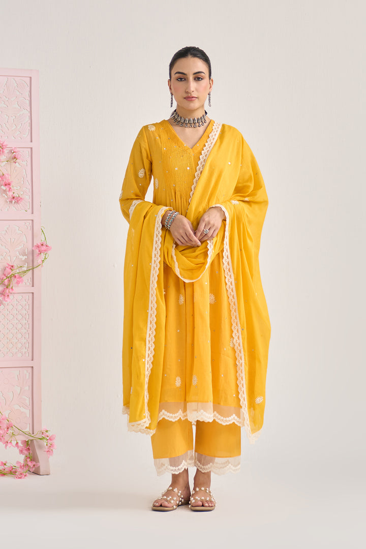 Chikankari summer 26" Mustard lace detailed chikankari pintuck kurta with palazzo and dupatta (set of 3)
