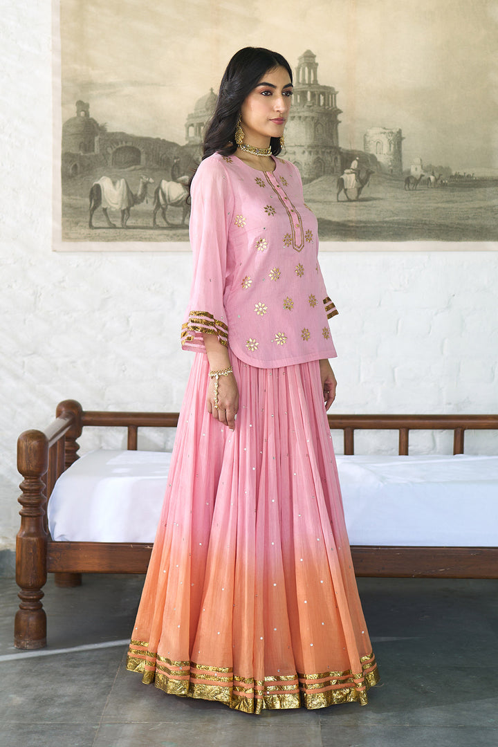Ombre gota pink to orange embroidered short kurti with ombre skirt and dupatta ( set of 3 ) RTS