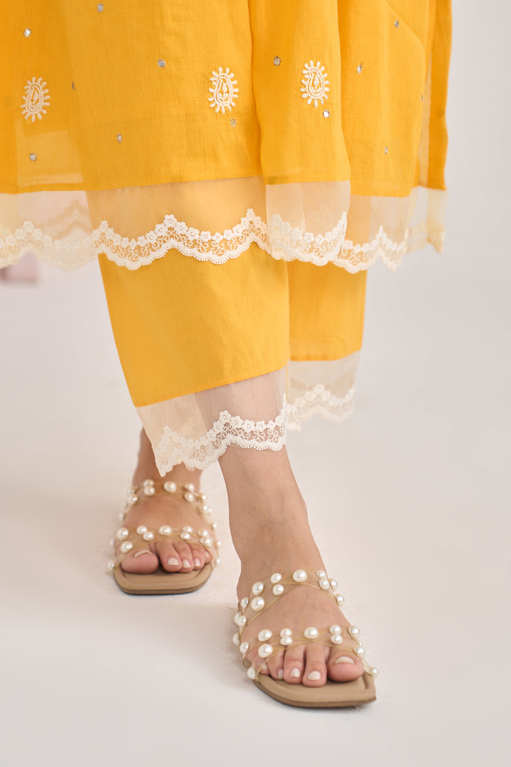 Chikankari summer 26" Mustard lace detailed chikankari pintuck kurta with palazzo and dupatta (set of 3)