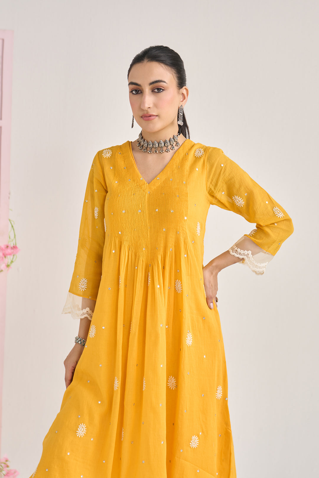 Chikankari summer 26" Mustard lace detailed chikankari pintuck kurta with palazzo and dupatta (set of 3)