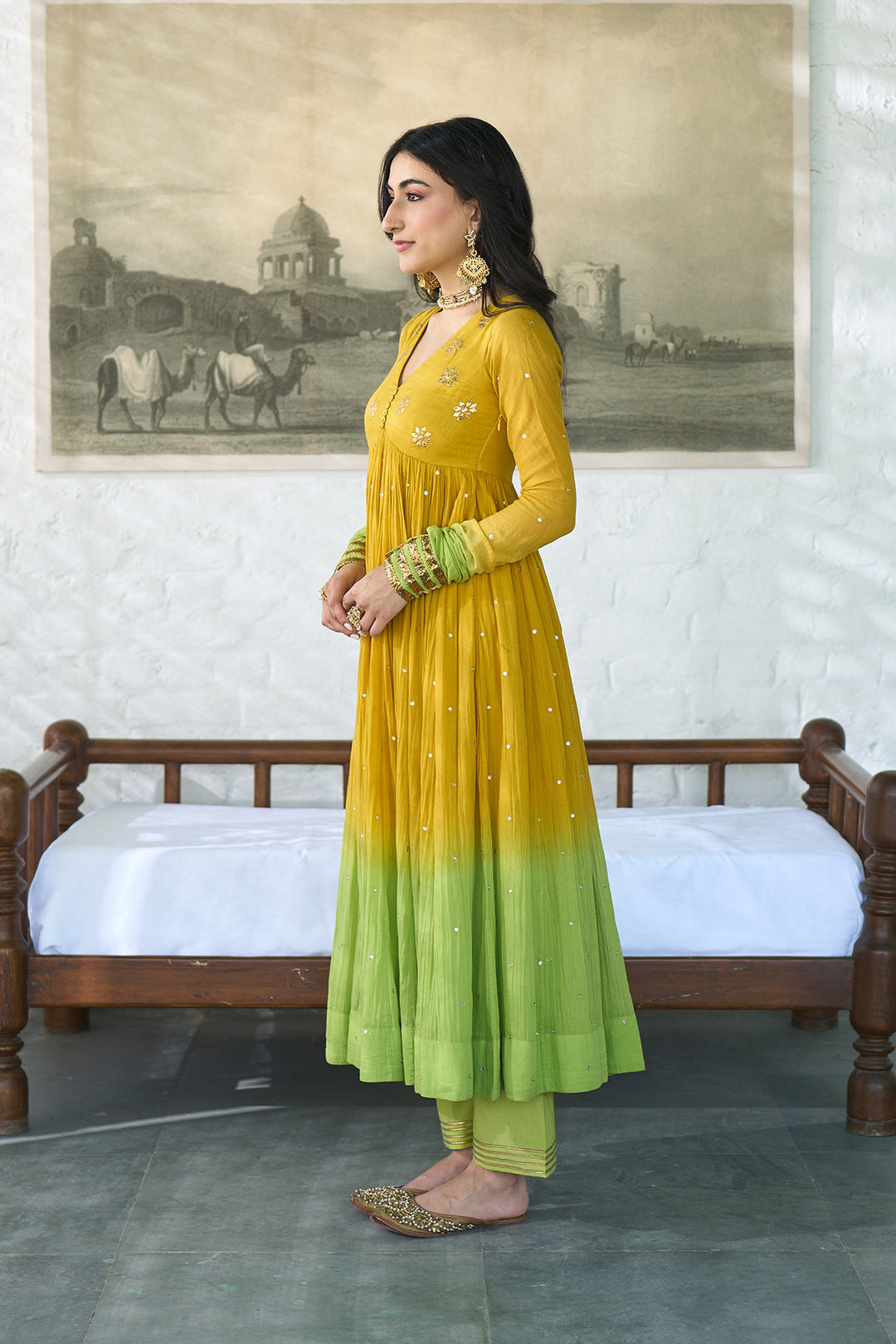 Ombre gota mustard to green  v- neck gota patti embroidered anarkali with palazzo and dupatta ( set  of 3 )