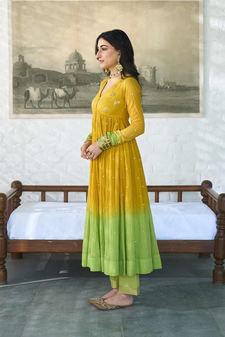 Ombre gota mustard to green  v- neck gota patti embroidered anarkali with palazzo and dupatta ( set  of 3 )