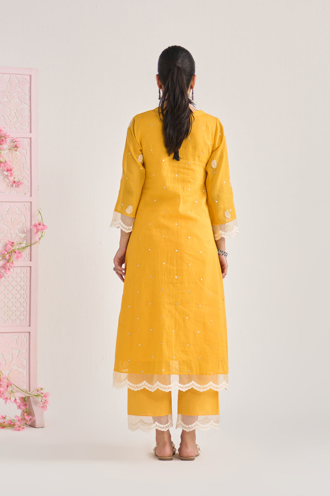 Chikankari summer 26" Mustard lace detailed chikankari pintuck kurta with palazzo and dupatta (set of 3)