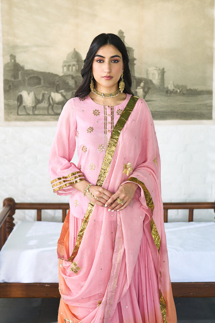 Ombre gota pink to orange embroidered short kurti with ombre skirt and dupatta ( set of 3 ) RTS