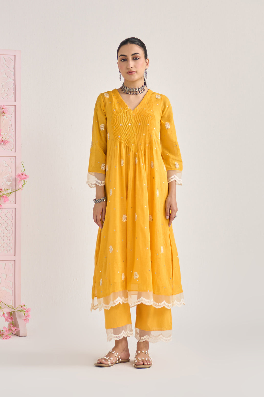 Chikankari summer 26" Mustard lace detailed chikankari pintuck kurta with palazzo and dupatta (set of 3)