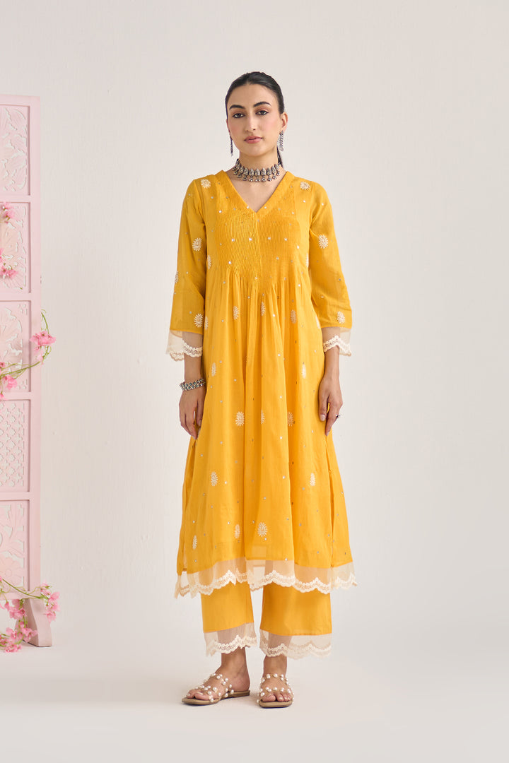 Chikankari summer 26" Mustard lace detailed chikankari pintuck kurta with palazzo and dupatta (set of 3)