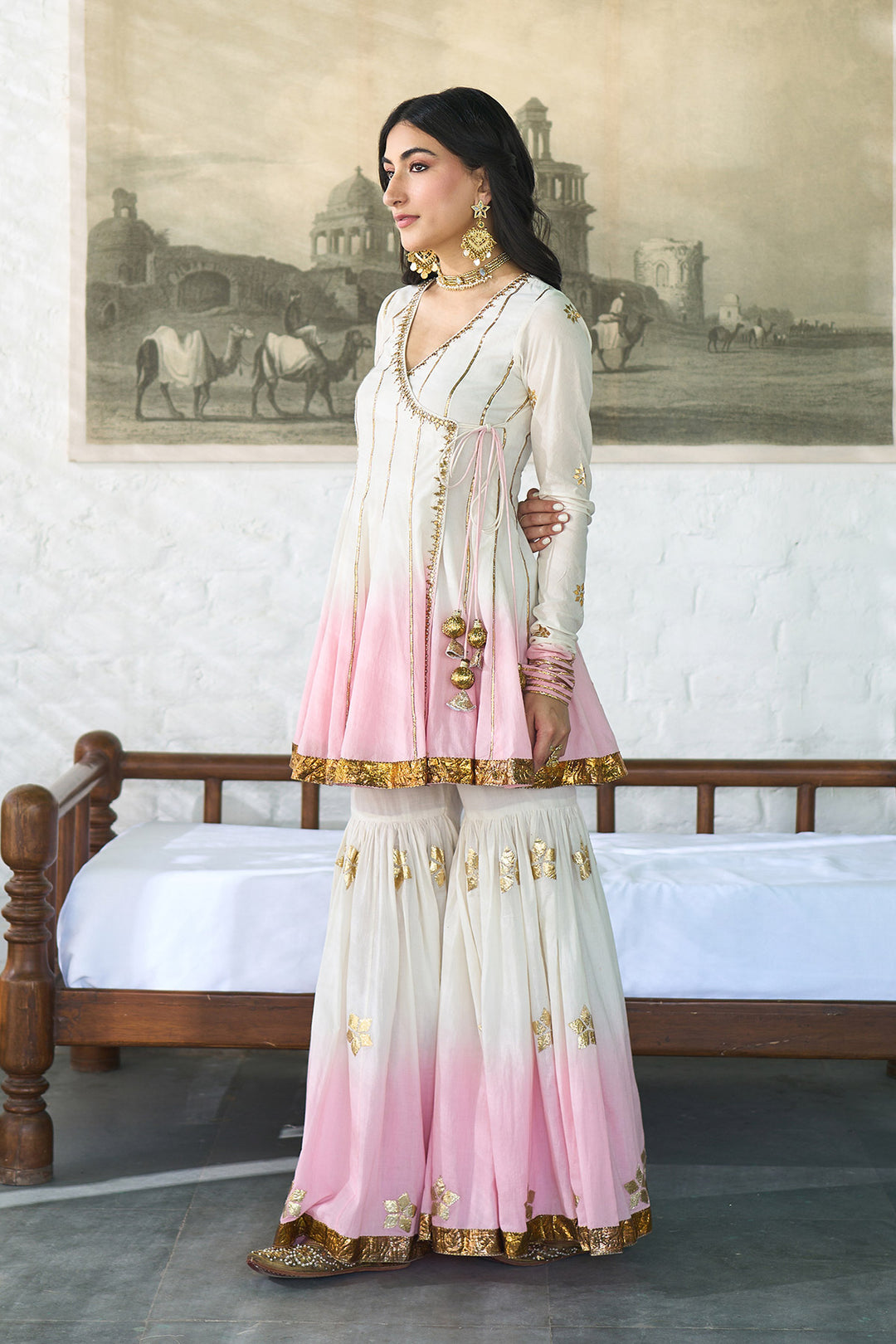 Ombre gota pink patti embroidered gharara set ( set of 3 )