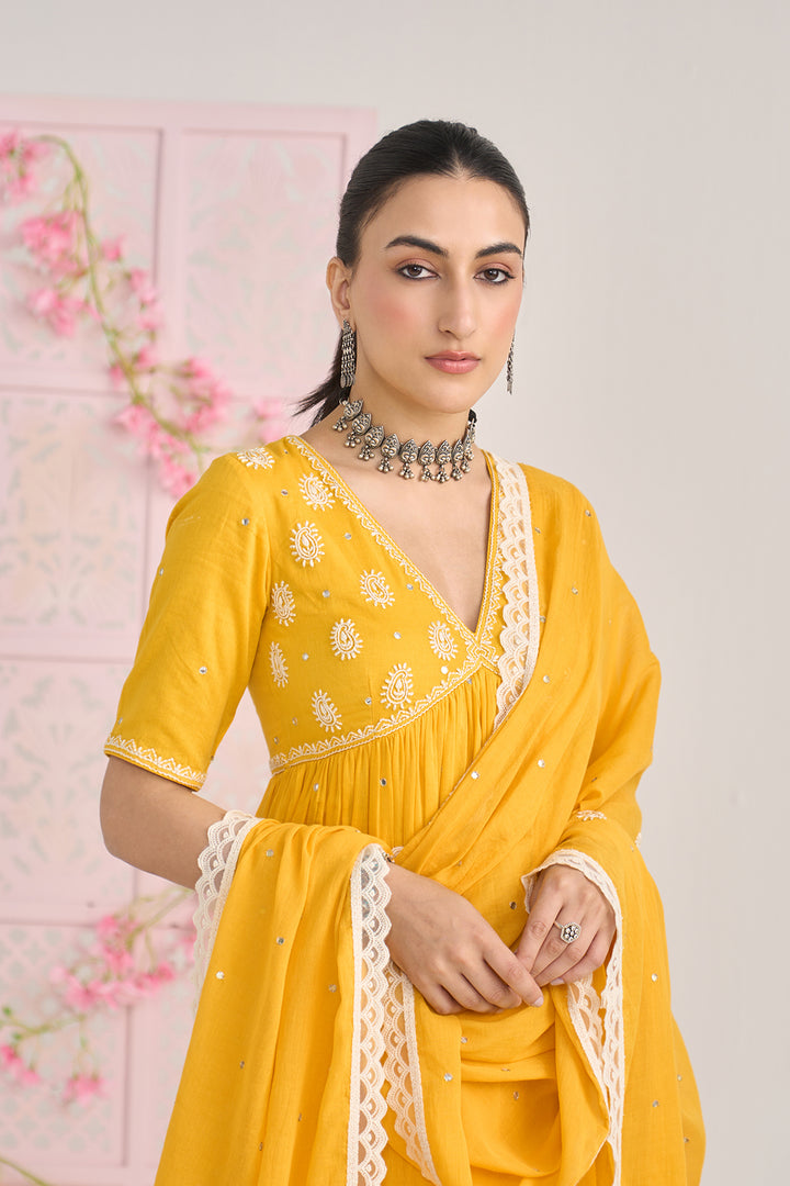 Chikankari summer 26" Mustard Chikankari v neck gathered kurta with palazzo and dupatta ( set of 3)