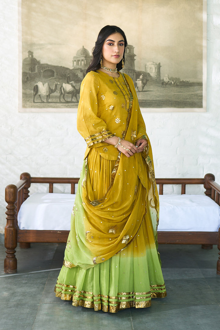 Ombre gota mustard to green embroidered short kurti with ombre skirt and dupatta ( set of 3 ) RTS