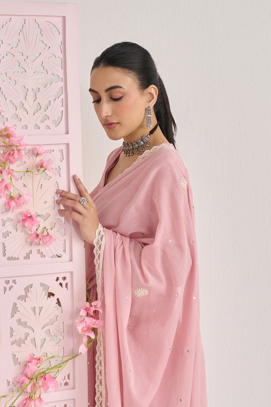 Chikankari summer 26" Dusty pink lace detailed chikankari pintuck kurta with palazzo and dupatta (set of 3)