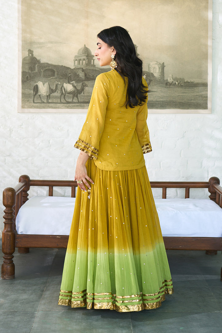 Ombre gota mustard to green embroidered short kurti with ombre skirt and dupatta ( set of 3 ) RTS