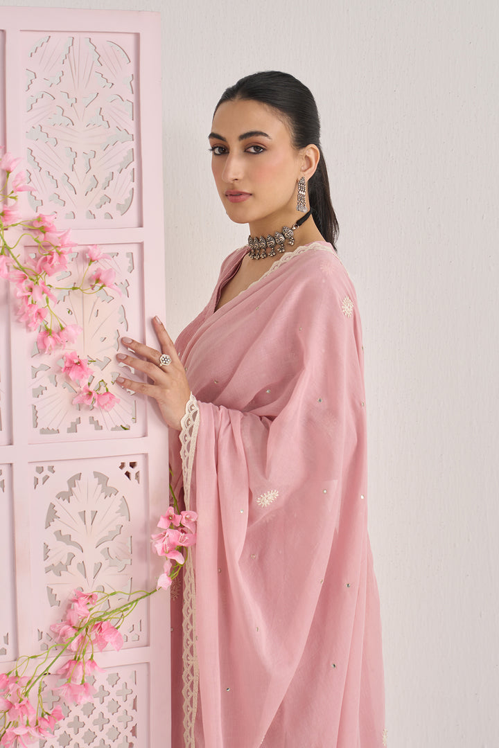 Chikankari summer 26" Dusty pink lace detailed chikankari pintuck kurta with palazzo and dupatta (set of 3)