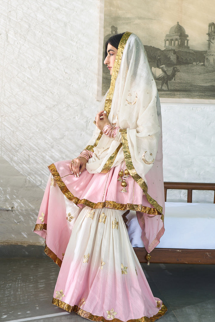 Ombre gota pink patti embroidered gharara set ( set of 3 )