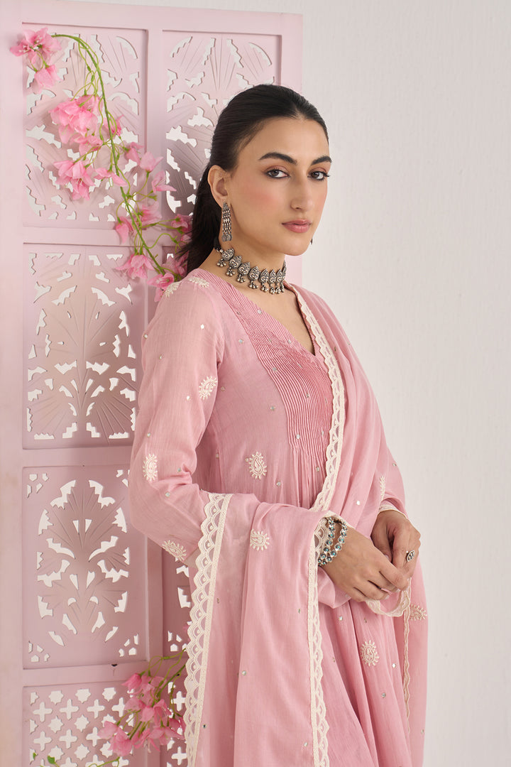 Chikankari summer 26" Dusty pink lace detailed chikankari pintuck kurta with palazzo and dupatta (set of 3)