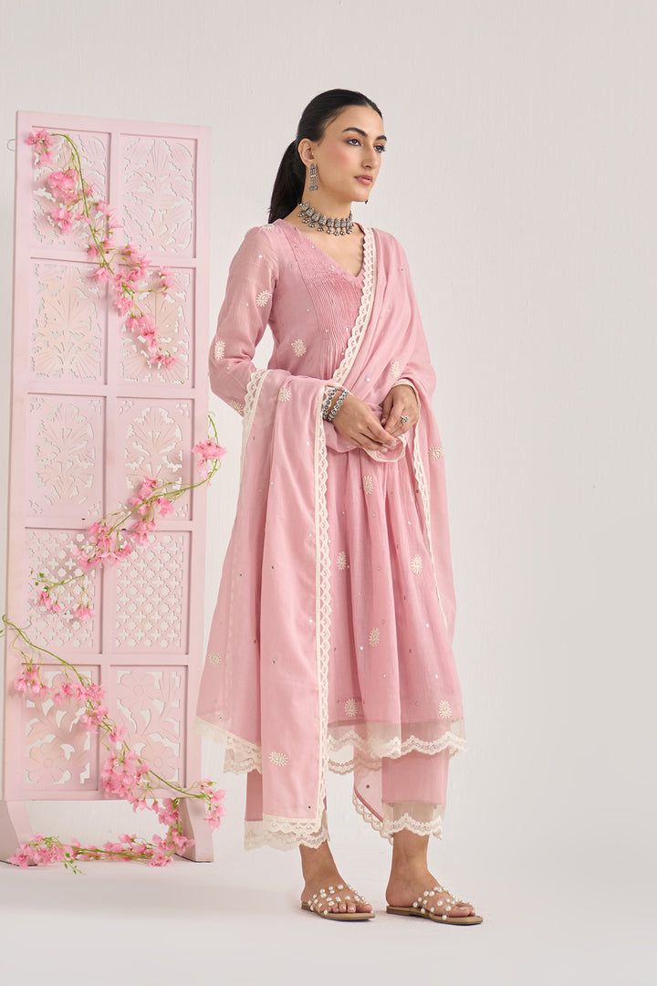 Chikankari summer 26" Dusty pink lace detailed chikankari pintuck kurta with palazzo and dupatta (set of 3)