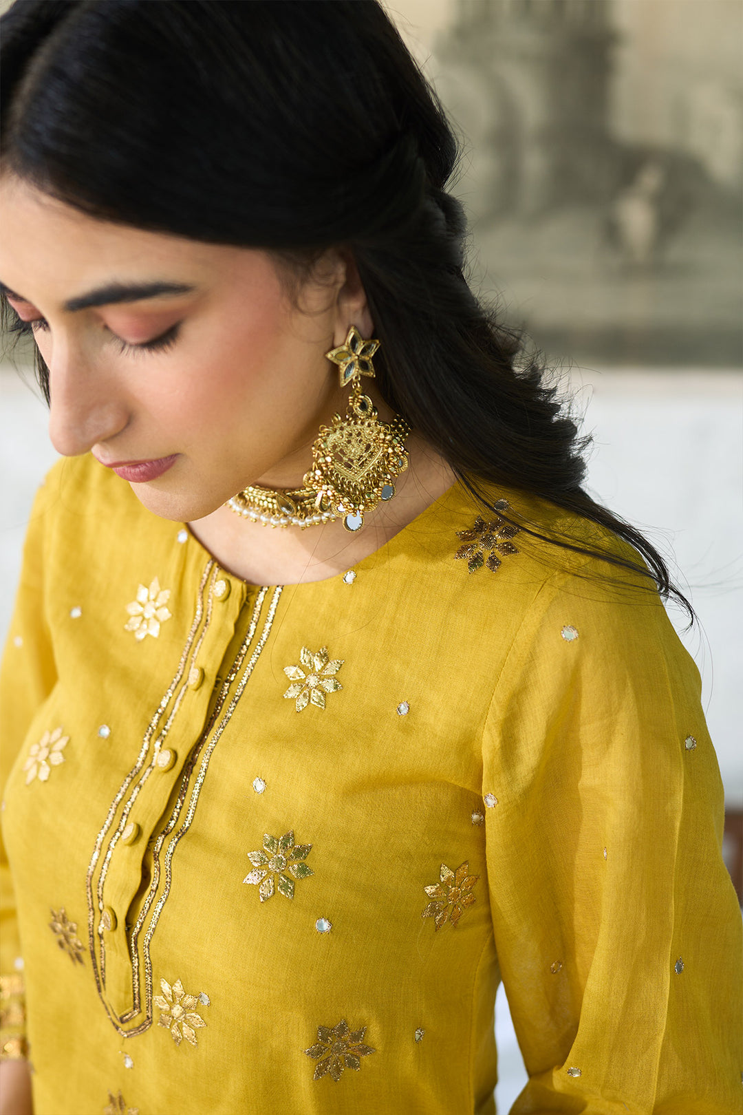 Ombre gota mustard to green embroidered short kurti with ombre skirt and dupatta ( set of 3 ) RTS