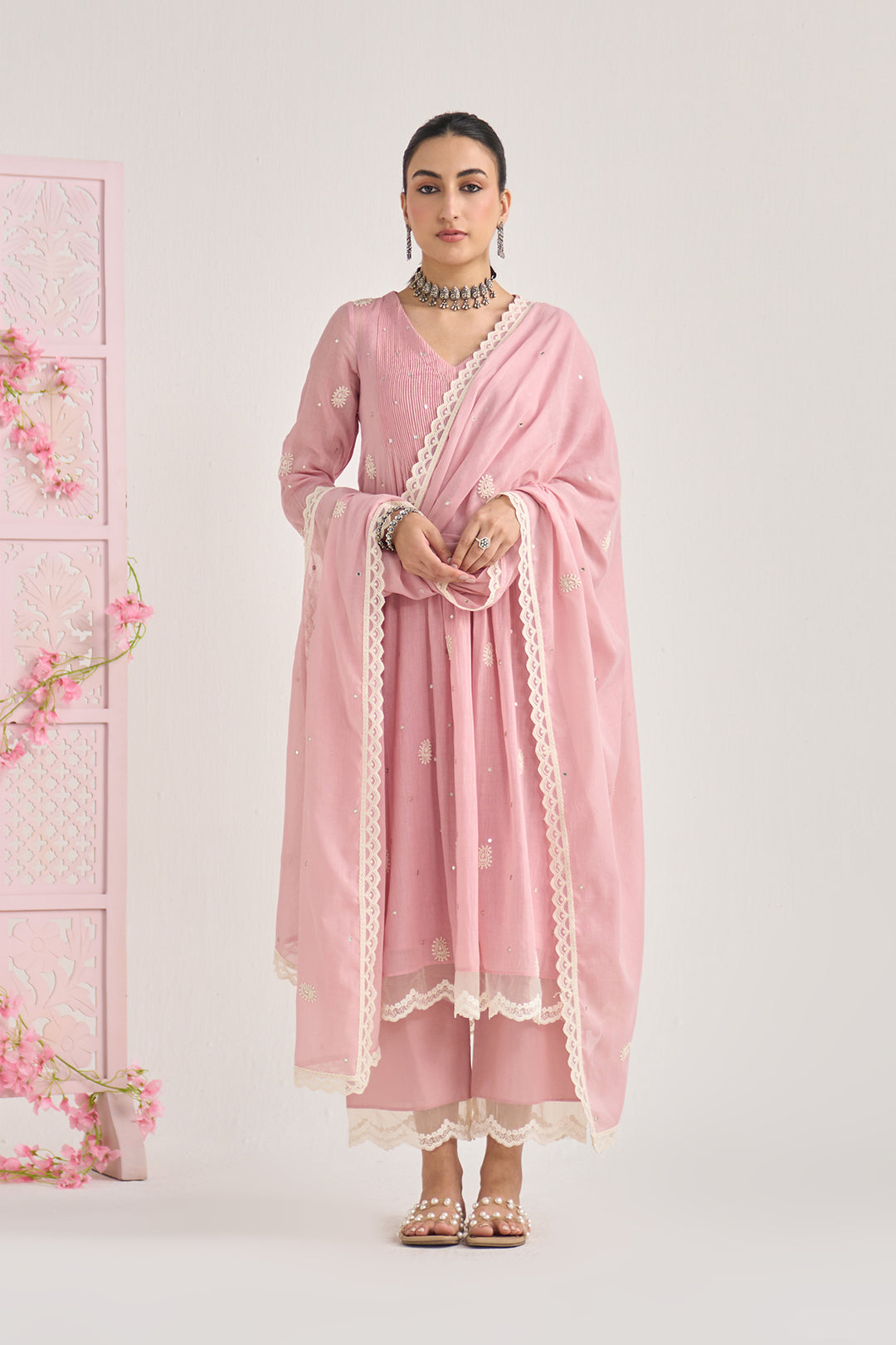 Chikankari summer 26" Dusty pink lace detailed chikankari pintuck kurta with palazzo and dupatta (set of 3)