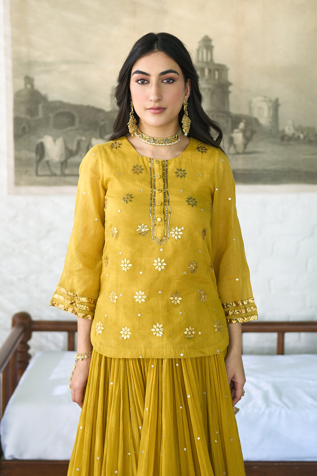 Ombre gota mustard to green embroidered short kurti with ombre skirt and dupatta ( set of 3 ) RTS