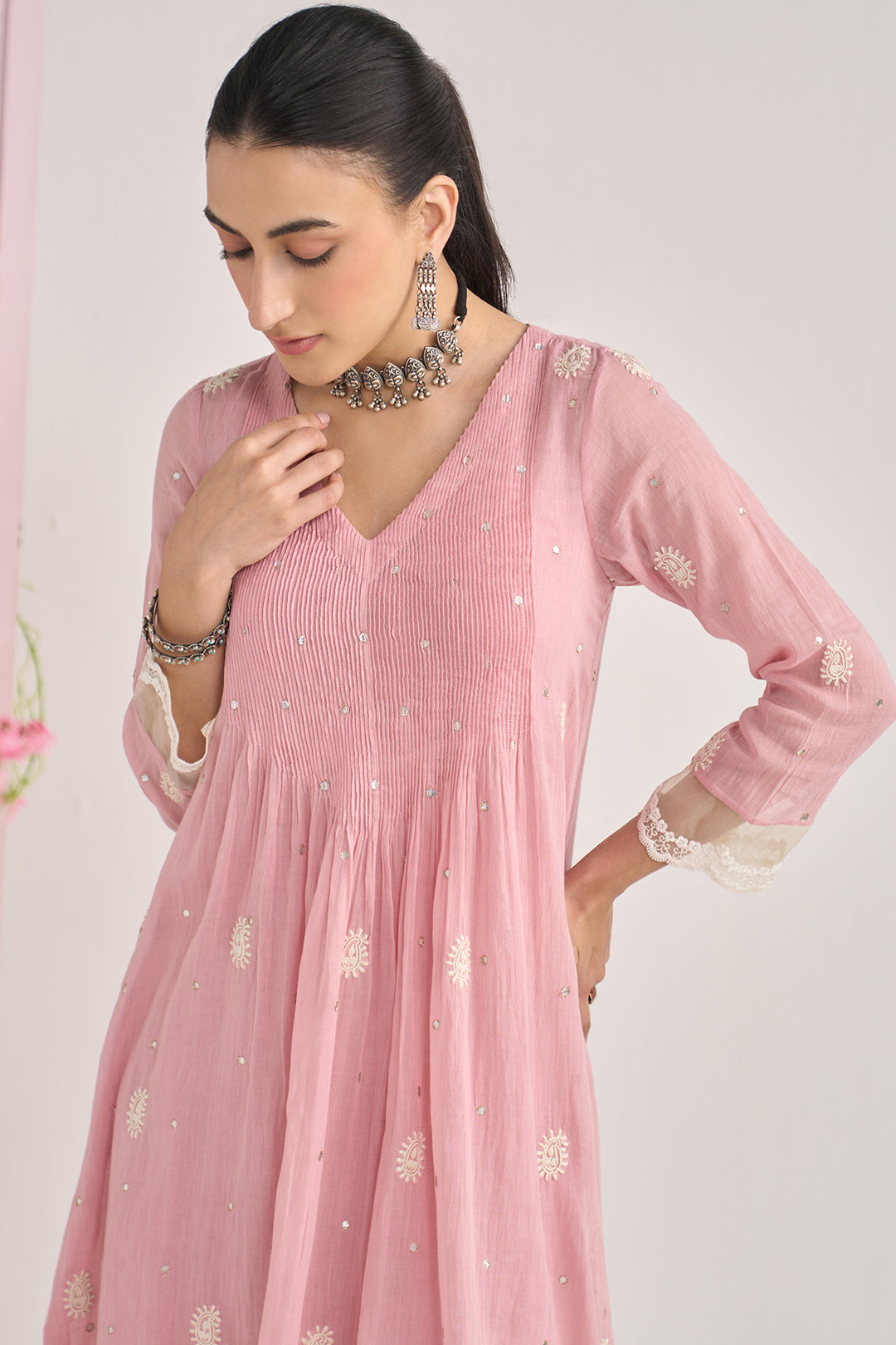 Chikankari summer 26" Dusty pink lace detailed chikankari pintuck kurta with palazzo and dupatta (set of 3)