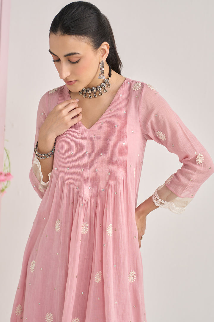 Chikankari summer 26" Dusty pink lace detailed chikankari pintuck kurta with palazzo and dupatta (set of 3)