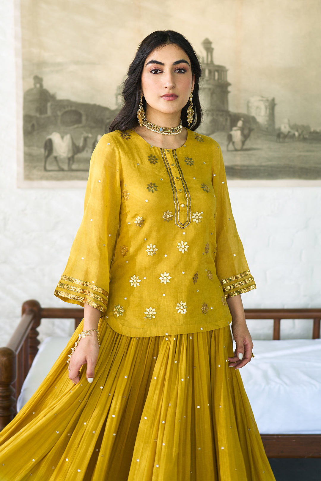 Ombre gota mustard to green embroidered short kurti with ombre skirt and dupatta ( set of 3 ) RTS